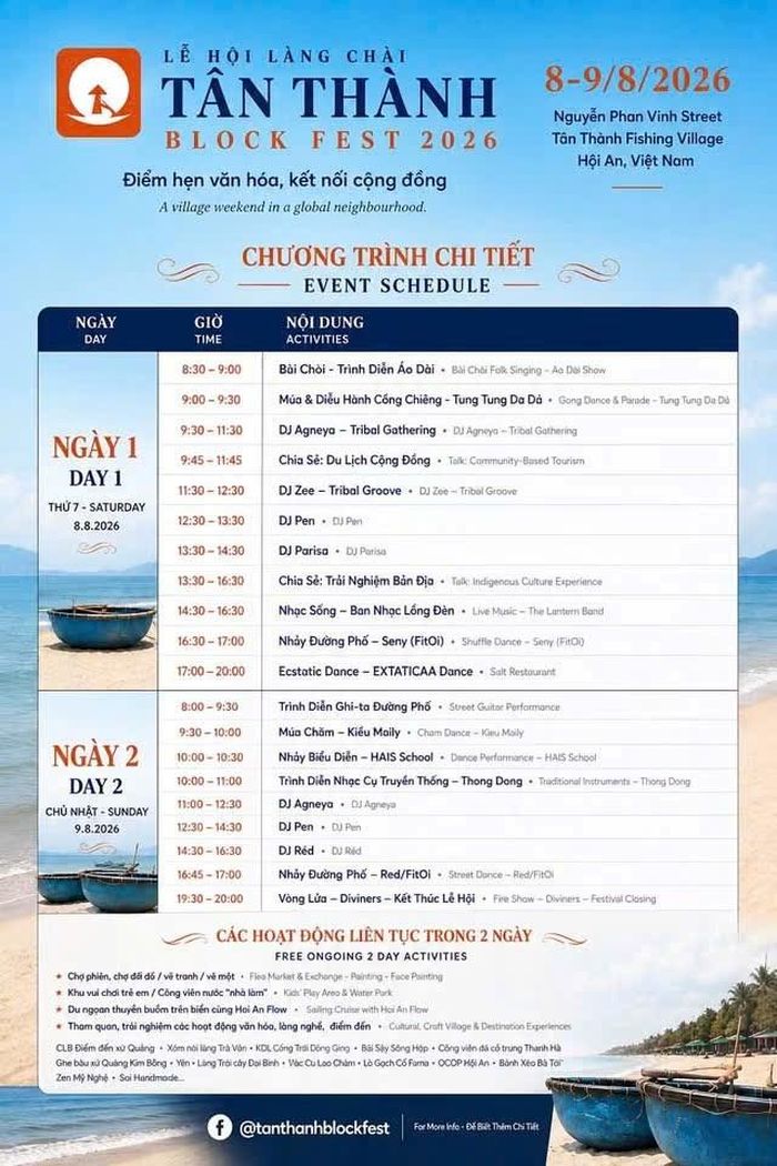 Các hoạt động chính tại Lễ hội làng chài Tân Thành Block Fest 2026, diễn ra vào ngày 8-9.8