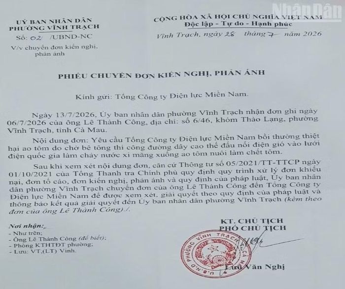 Văn bản của Ủy ban nhân dân Phường Vĩnh Trạch gửi Tổng Công ty Điện lực miền nam.
