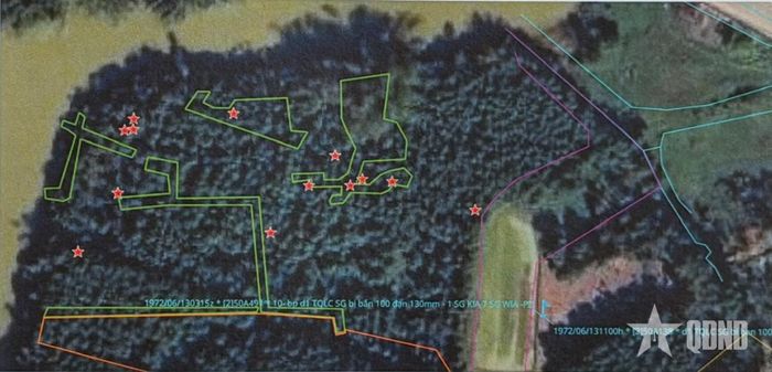  Ảnh vệ tinh Google Maps khu vực Câu Nhi tháng 1-2024, các ngôi sao đánh dấu vị trí đã tìm được hài cốt liệt sĩ. Ảnh tư liệu 