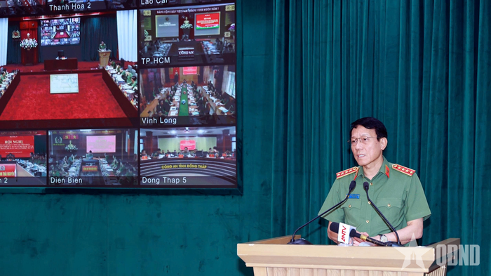 Đại tướng Lương Tam Quang, Ủy viên Bộ Chính trị, Bộ trưởng Bộ Công an phát biểu chỉ đạo hội nghị.