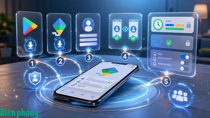 Các bước cơ bản cài đặt và liên kết tài khoản Google Family Link trên điện thoại để phụ huynh quản lý thời gian sử dụng thiết bị Android của trẻ. Đồ họa: Thái Bình