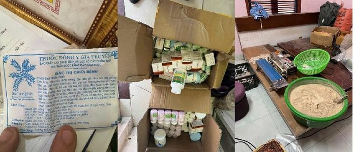 Máy móc, nguyên liệu, bao bì và nhiều loại thuốc được sử dụng để pha trộn, đóng gói sản phẩm “Thuốc Đông y gia truyền”. Ảnh: CACC