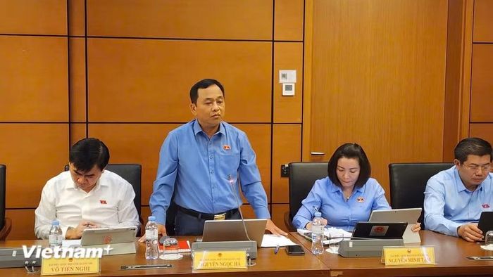Đại biểu Quốc hội Nguyễn Ngọc Hà (đoàn Quảng Trị) thảo luận tại tổ vào sáng 6/8. (Ảnh: Việt Hùng/Vietnam+)