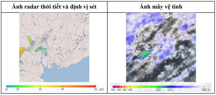 Hình ảnh thời tiết và định vị sét chụp từ radar và vệ tinh. Nguồn: Đài Khí tượng Thủy văn Nam Bộ