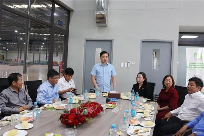 Chủ tịch UBND tỉnh Đắk Lắk Đỗ Hữu Huy trao đổi nhằm tháo gỡ khó khăn cho doanh nghiệp xuất khẩu sầu riêng. Ảnh: TTXVN phát
