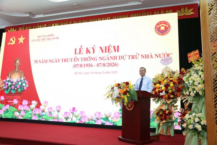 Bộ trưởng Bộ Tài chính Ngô Văn Tuấn phát biểu tại Lễ Kỷ niệm 70 năm ngày truyền thống ngành Dự trữ Nhà nước. Ảnh: Đức Minh