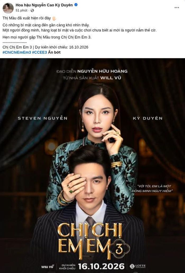 Kỳ Duyên đăng tải poster phim điện ảnh mới Chị Chị Em Em 3 trên trang cá nhân. Ảnh: FBNV