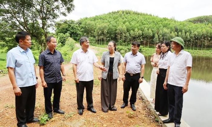 Đồng chí Thái Hải Anh kiểm tra công trình nâng cấp đập ngăn nước tại xã Xuân Lương được xây dựng từ kinh phí do Ủy ban MTTQ tỉnh phân bổ.