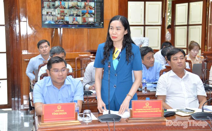 Giám đốc Ban Quản lý dự án đầu tư xây dựng công trình dân dụng và công nghiệp tỉnh Đồng Tháp Nguyễn Thị Thanh Phương phát biểu tại cuộc họp.