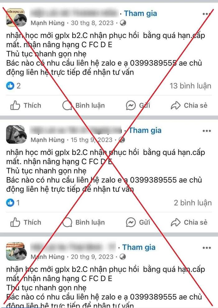 Người dân cần cảnh giác với các bài đăng quảng cáo “cấp đổi giấy phép lái xe siêu tốc, không cần đến cơ quan chức năng” trên mạng xã hội.