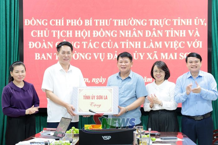 Các đồng chí trong Đoàn công tác của tỉnh tặng quà cho xã Mai Sơn.
