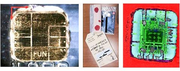 Từ trái sang: chíp EMV của thẻ giả; thẻ giả bị cảnh sát thu giữ; ảnh chụp X-quang của thẻ giả