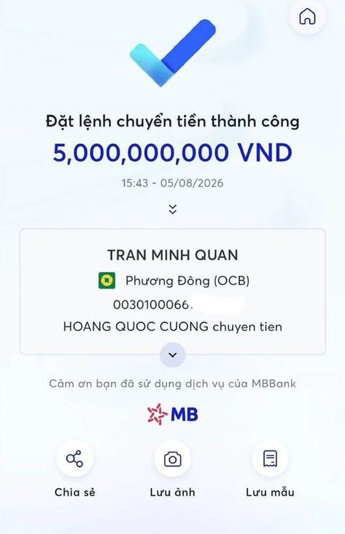 Kết quả giao dịch thành công việc anh Hoàng Quốc Cường chuyển lại 5 tỷ đồng đến anh Trần Minh Quân.