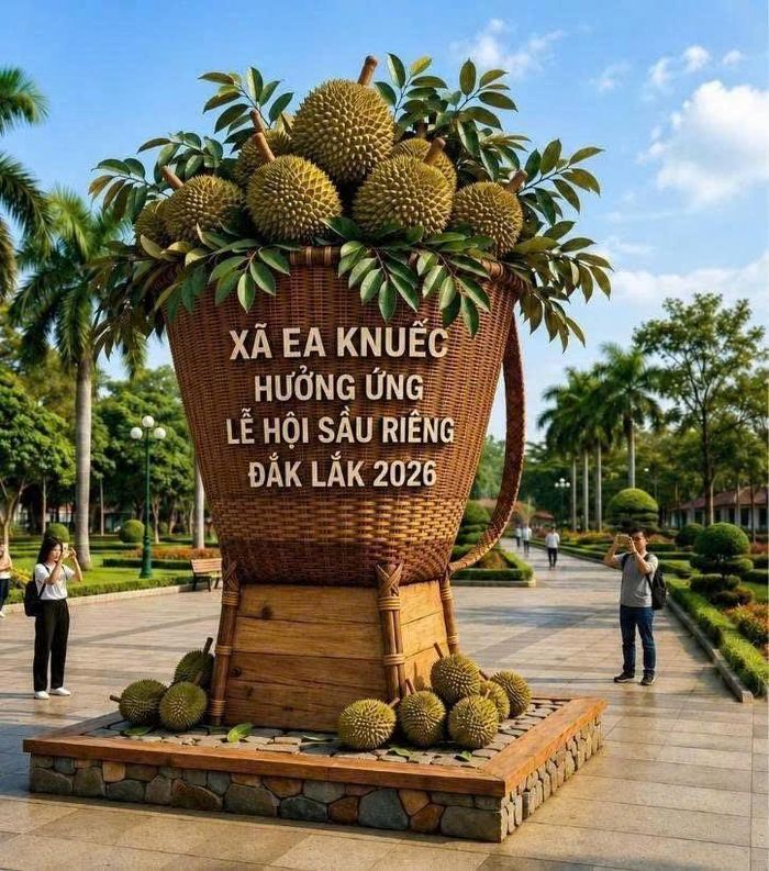  Mô hình giỏ sầu riêng khổng lồ mang thông điệp “Xã Ea Knuếc hưởng ứng Lễ hội Sầu riêng Đắk Lắk 2026”, được lắp đặt tại khu vực công cộng nhằm quảng bá hình ảnh địa phương và thu hút du khách. (Ảnh Trần Thanh) 