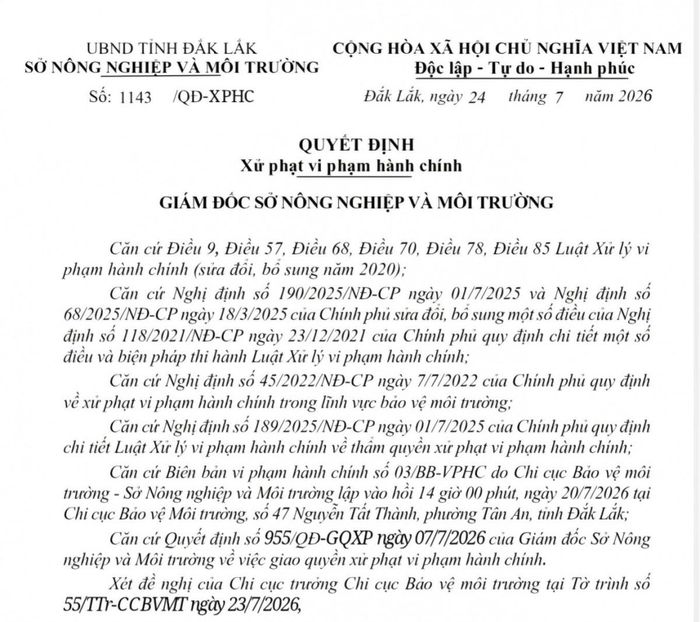 Quyết định xử phạt vi phạm hành chính đối với Công ty Cổ phần Mía đường 333 do vi phạm quy định về bảo vệ môi trường.
