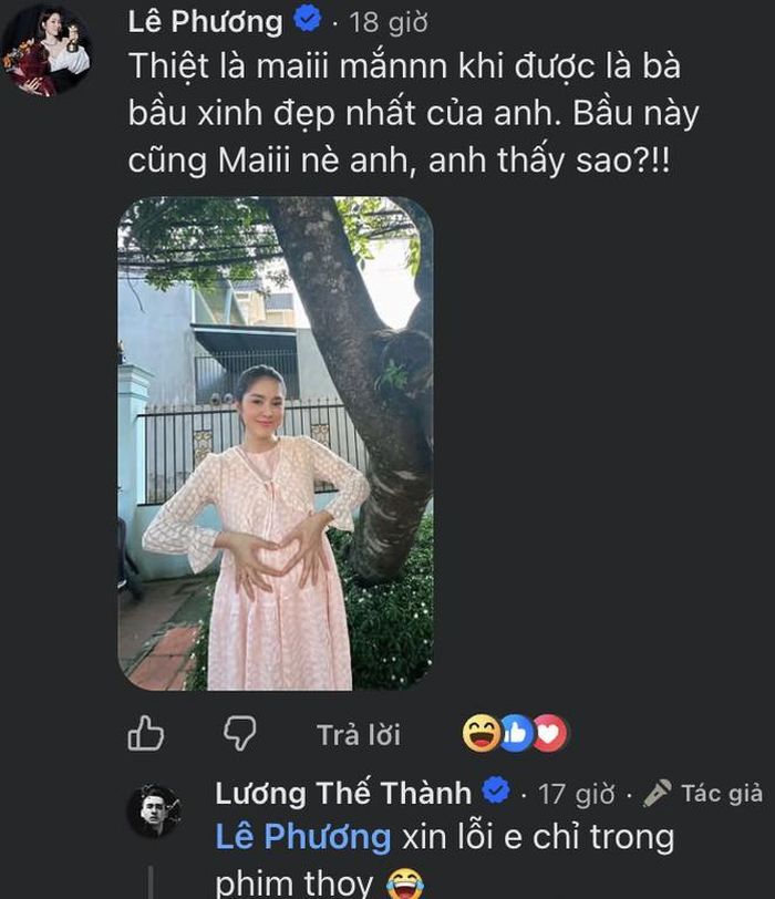 Lương Thế Thành đăng ảnh nịnh vợ bầu Thúy Diễm. Bình luận của Lê Phương ngay dưới bài đăng khiến fan thích thú.