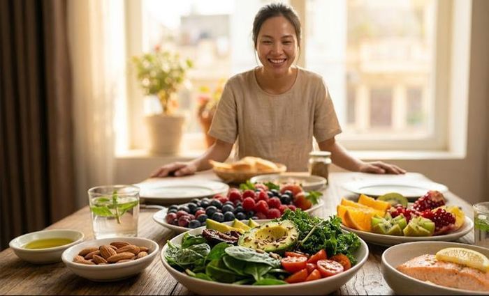 Một chế độ ăn giàu vitamin, khoáng chất và chất chống oxy hóa không chỉ giúp bạn trẻ lâu mà còn khiến làn da sáng khỏe, mịn màng. Ảnh minh họa AI