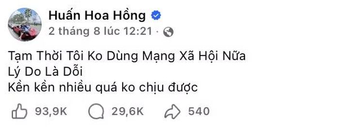 Bà đăng gần nhất của Huấn Hoa Hồng trên fanpage hàng triệu lượt theo dõi.