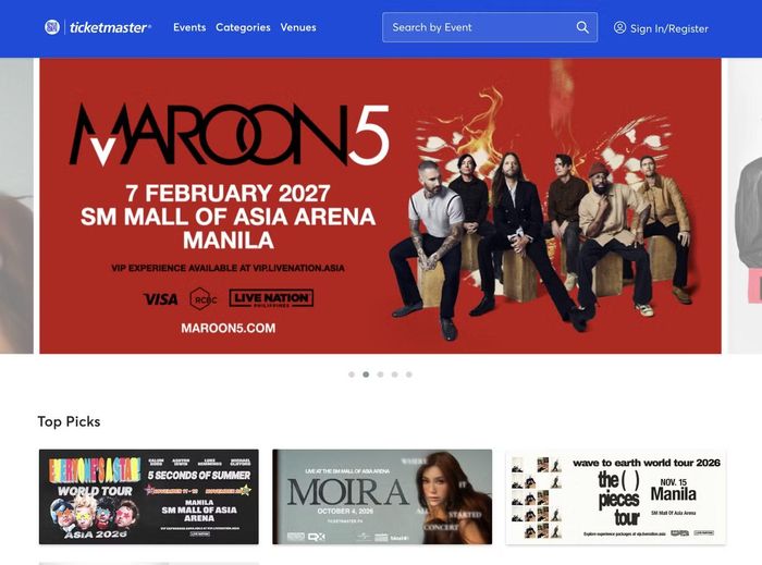 Giao diện các website săn vé chính thức. Ảnh: Ticketmaster Singapore