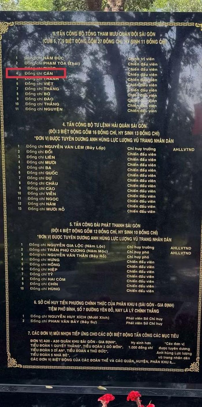 Thông tin về liệt sĩ "Cán" trên Bia Tưởng niệm.