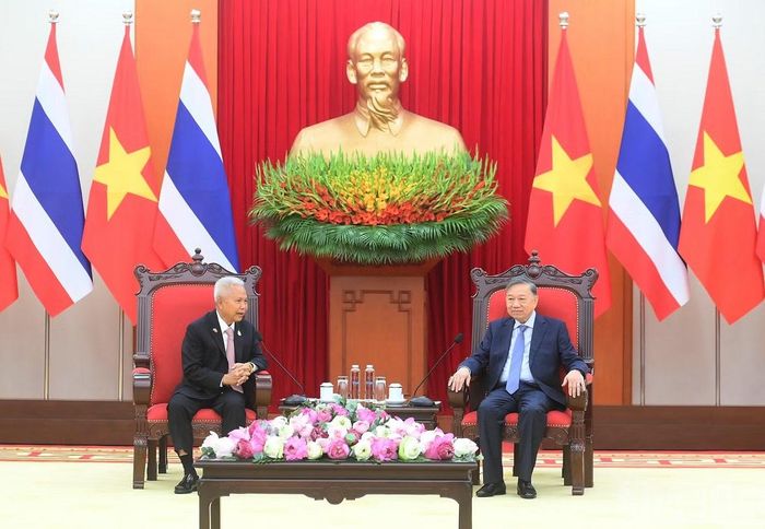 Tổng Bí thư, Chủ tịch nước Tô Lâm tiếp Chủ tịch Quốc hội kiêm Chủ tịch Hạ viện Vương quốc Thái Lan Sophon Zaram. Ảnh: nhandan.vn