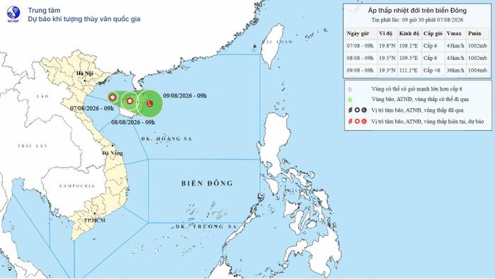 Vị trí áp thấp nhiệt đới sáng nay 7-8. Nguồn: Trung tâm Dự báo khí tượng - thủy văn quốc gia