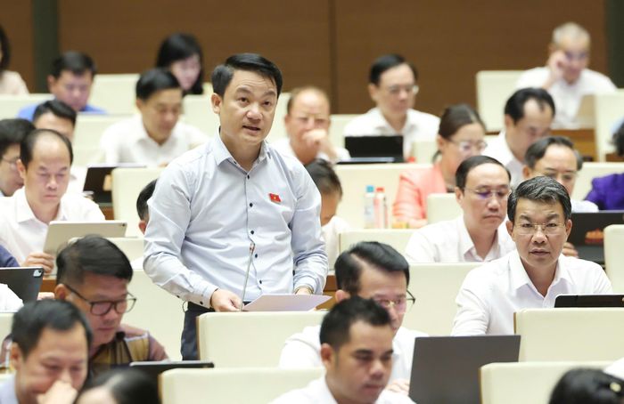  ĐB Lê Văn Thế (Ninh Bình) phát biểu tại hội trường, chiều 7-8. Ảnh: QUANG PHÚC 