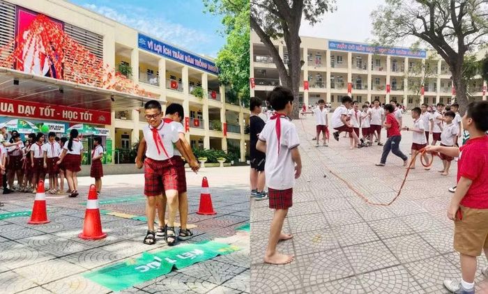 Nhiều trò chơi vận động bổ ích được tổ chức cho học sinh trong giờ ra chơi tại sân Trường Tiểu học Yên Thường, Hà Nội. Ảnh: Đình Tuệ.