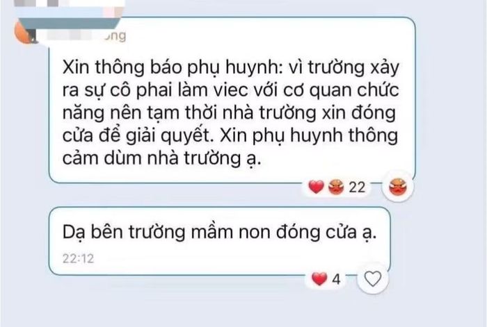 Thông báo tạm thời ngừng hoạt động đến phụ huynh.