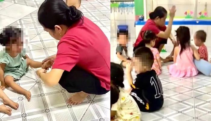 Bảo mẫu đánh, búng dây thun khiến trẻ khóc thét tại trường mầm non. Ảnh cắt từ video