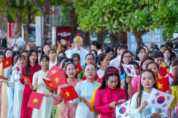 Đoàn diễu hành áo dài rực rỡ cả tuyến phố Bạch Đẳng (Đà Nẵng). (Ảnh: Thanh Phong/Vietnam+)
