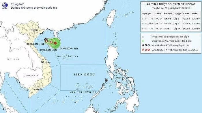 Vị trí và hướng đi của áp thấp nhiệt đới. (Nguồn: Trung tâm Dự báo Khí tượng Thủy văn Quốc gia)