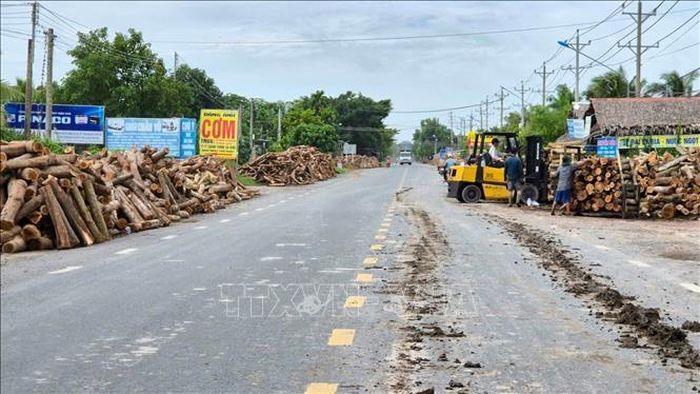 Xe nâng vận chuyển gỗ cắt ngang dòng phương tiện lưu thông trên quốc lộ 22B, đoạn qua phường Thanh Điền, tỉnh Tây Ninh.