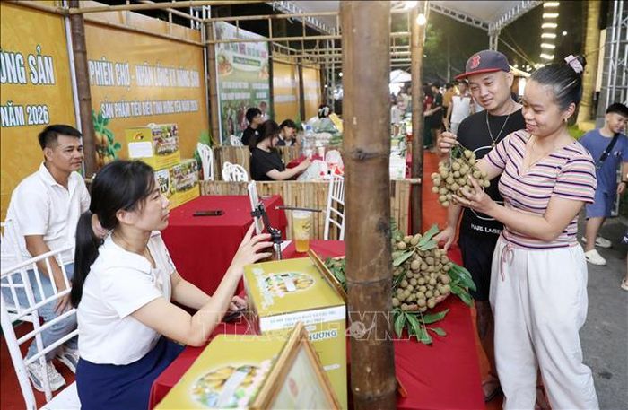 Du khách tham quan, thưởng thức các sản phẩm từ nhãn tại lễ hội. Ảnh: Thu Hoài/TTXVN