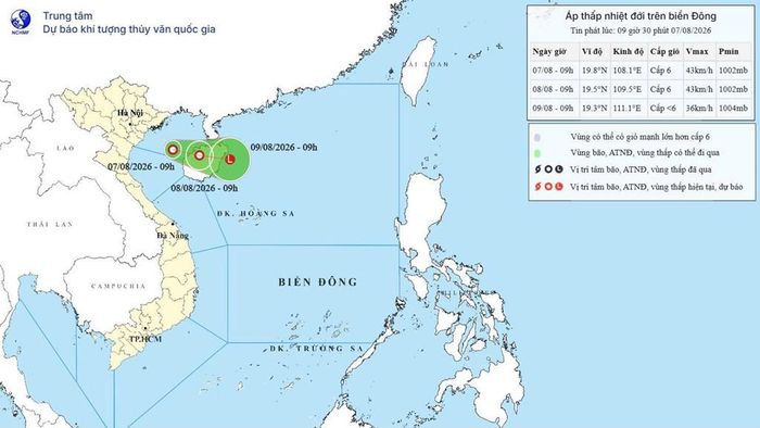 Bản đồ dự báo quỹ đạo và cường độ áp thấp nhiệt đới lúc 9h ngày 7/8/2026. Nguồn: Trung tâm Dự báo khí tượng thủy văn Quốc gia