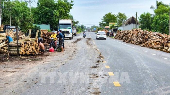 Bùn đất rơi vãi trên lề và mặt đường trong quá trình bốc dỡ, vận chuyển gỗ, làm tăng nguy cơ mất an toàn giao thông trên Quốc lộ 22B. Ảnh: Minh Phú – TTXVN