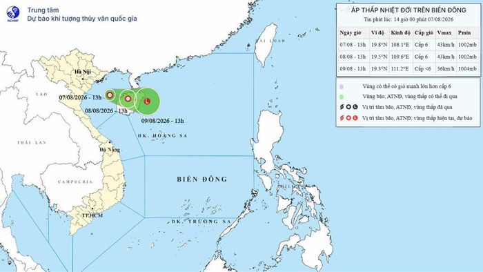 Bản đồ dự báo quỹ đạo và cường độ áp thấp nhiệt đới lúc 14h ngày 7/8/2026. Nguồn: Trung tâm Dự báo khí tượng thủy văn Quốc gia