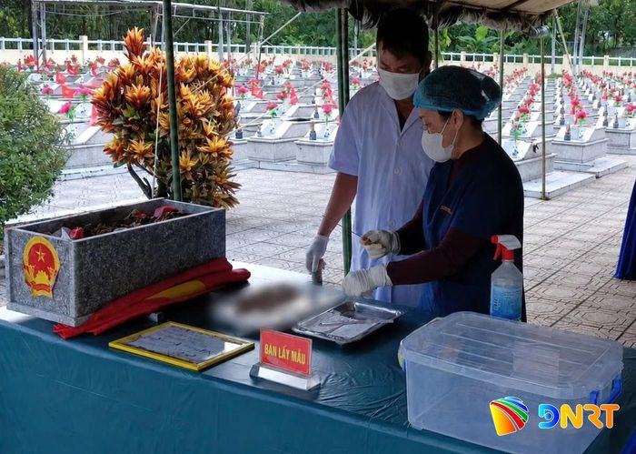 Lực lượng chuyên môn lấy mẫu sinh phẩm ADN từ các phần mộ liệt sĩ chưa xác định danh tính tại Nghĩa trang Liệt sĩ Bắc Trà My phục vụ công tác giám định. Ảnh: PHƯỚC THỦY