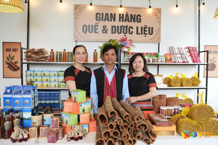 Gian hàng trưng bày sản phẩm OCOP Quế Trà My và dược liệu. Ảnh: N.T