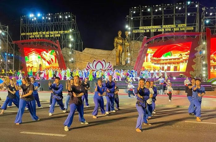  Màn biểu diễn của các võ sinh, võ sư môn phái Sơn Long Quyền Thuật tại Liên hoan quốc tế võ cổ truyền Việt Nam lần thứ IX - Gia Lai 2026. Ảnh: H.V 