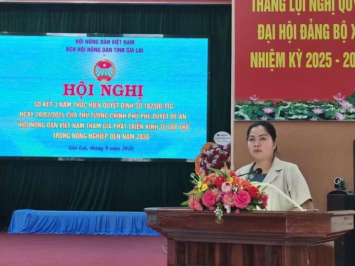 Bà Rơ Châm H'Hồng - Chủ tịch Hội Nông dân tỉnh phát biểu tại hội nghị. Ảnh: Hồng Thương 