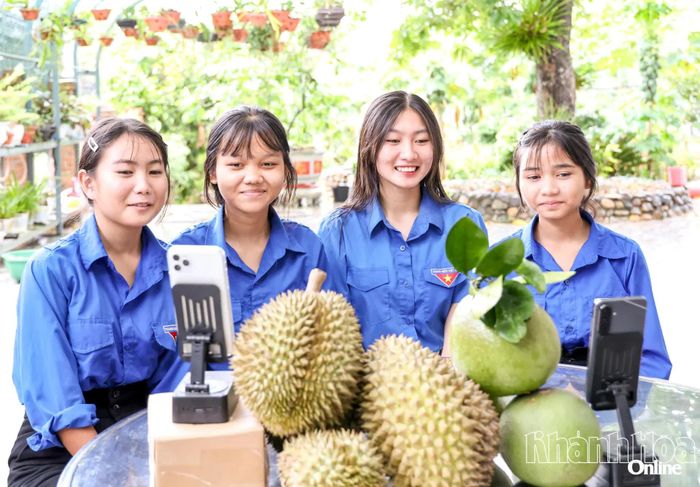 Các bạn trẻ xã Bắc Khánh Vĩnh livestream quảng bá nông sản trên các nền tảng mạng xã hội.