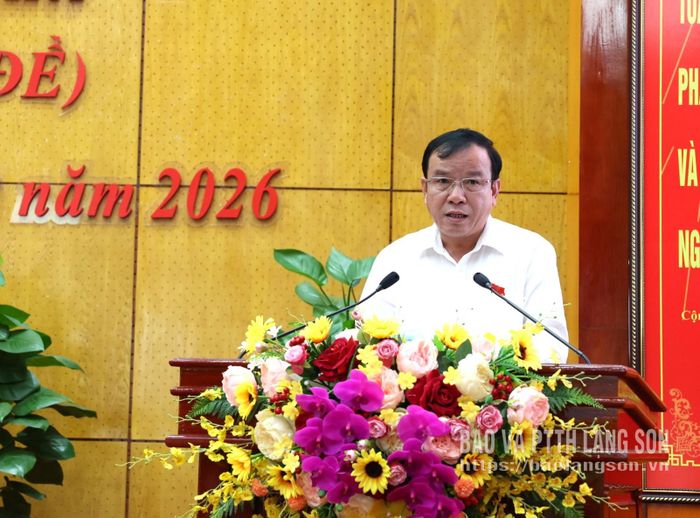 Đồng chí Phan Hồng Tiến, Ủy viên Ban Thường vụ Tỉnh ủy, Giám đốc Sở Tài Chính thuyết trình dự thảo nghị quyết tại kỳ họp