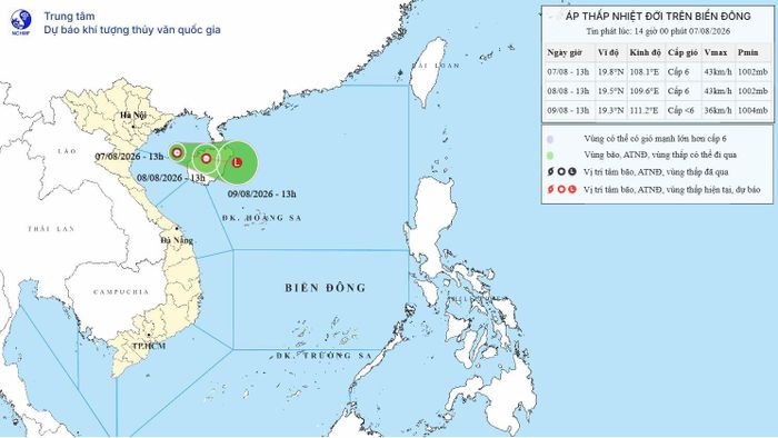 Bản đồ diễn biến áp thấp nhiệt đới trên Biển Đông ngày 07/08/2026.