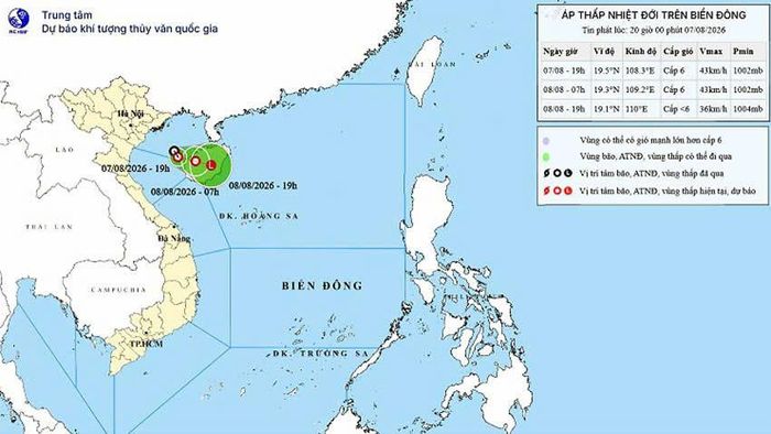 Vị trí và hướng đi của áp thấp nhiệt đới lúc 20 giờ ngày 7/8 (ảnh: Trung tâm Dự báo Khí tượng thủy văn Quốc gia).