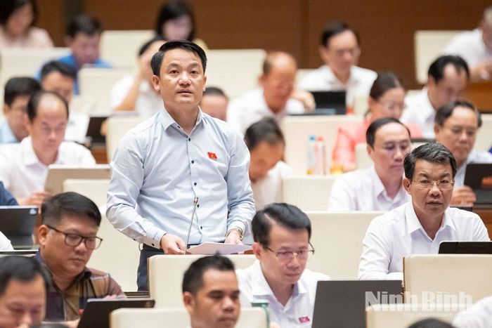 Đại biểu Lê Văn Thế, Tỉnh ủy viên, Phó Trưởng Đoàn đại biểu Quốc hội chuyên trách tỉnh Ninh Bình phát biểu tại Hội trường.