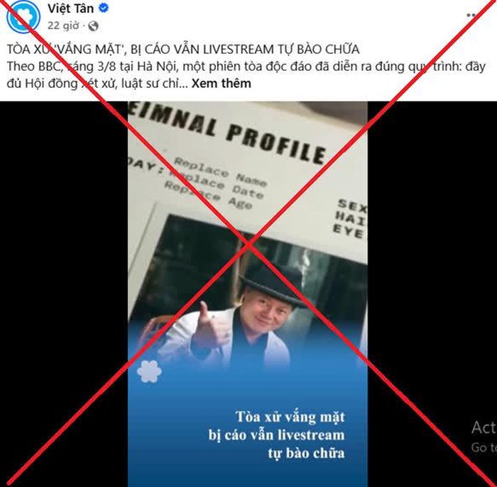 Tổ chức khủng bố Việt Tân đăng tin xuyên tạc về nội dung vụ án.