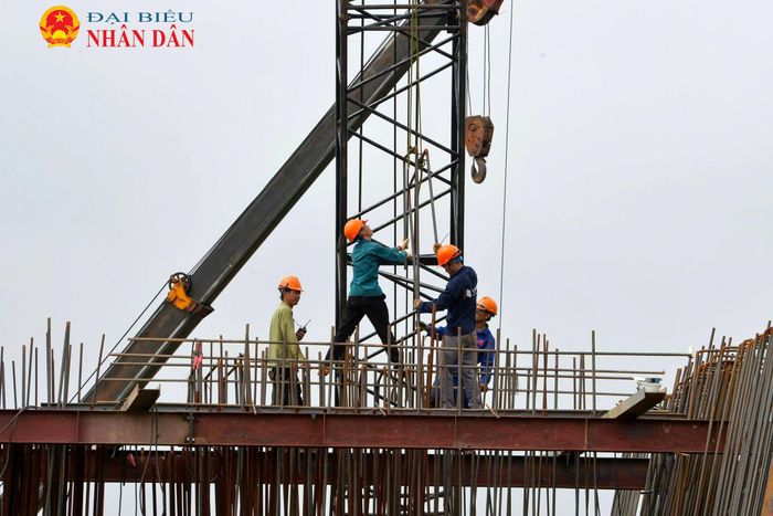 Loạt trụ cầu giữa sông đã vươn cao, đánh dấu bước chuyển từ thi công phần móng sang kết cấu thân trụ và dầm