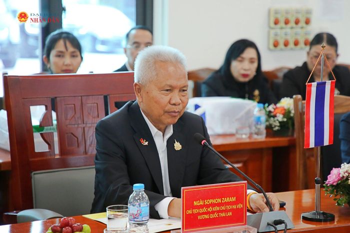 Chủ tịch Quốc hội kiêm Chủ tịch Hạ viện Thái Lan Sophon Zaram phát biểu tại cuộc làm việc. Ảnh: Đắc Trường