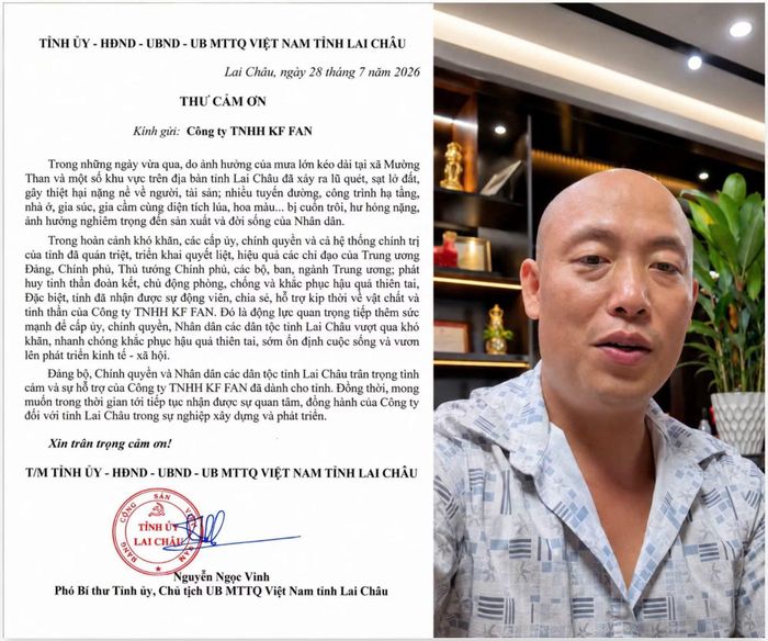 Thư cảm ơn của tỉnh ủy lai châu tới công ty TNHH KF FAN của ông Trần Đình Tiệp sau khi ông gửi 1,1 tỉ đồng ủng hộ đồng bào khó khăn